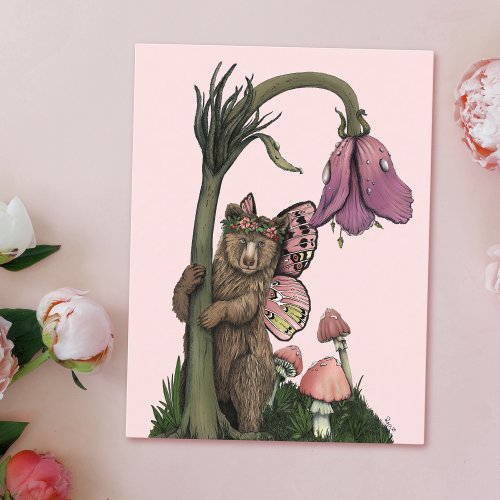 Cute Pink Grizzly Bear Fairy in Woodland Forest Postcard