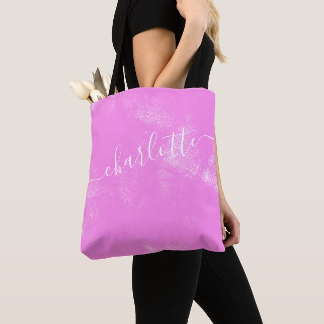 Cute Pink Grunge Aesthetic Personalized Name Tote Bag (Close Up)