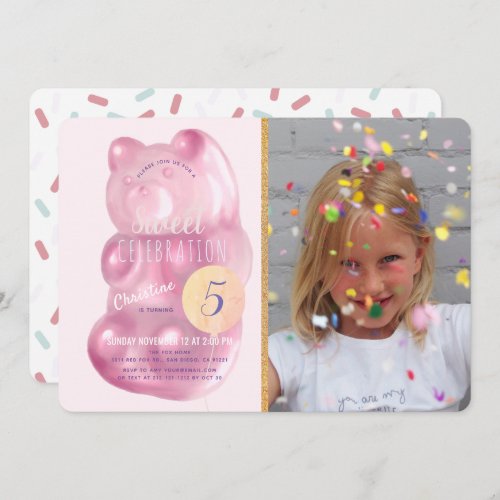 Cute Pink Gummy Bear Sweet Candy Photo Birthday Invitation