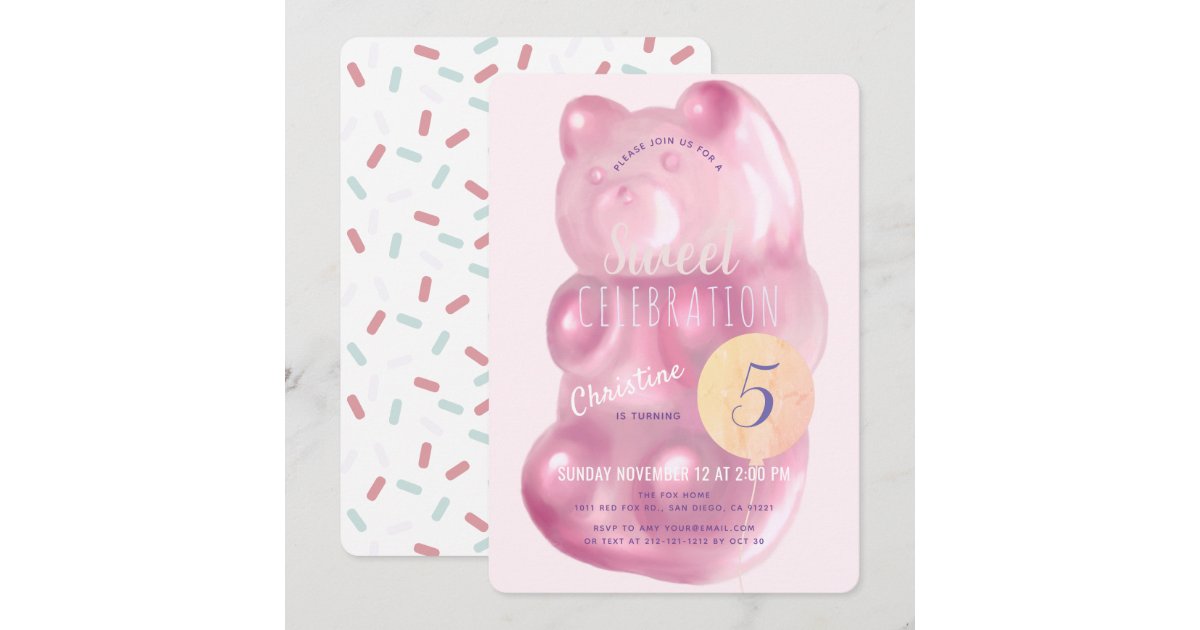 Cute Pink Gummy Bear Sweet Girl Candy Birthday Invitation | Zazzle