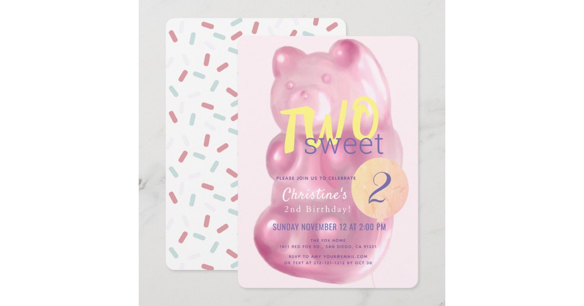 Cute Pink Gummy Bear Two Sweet Girl 2nd Birthday Invitation | Zazzle