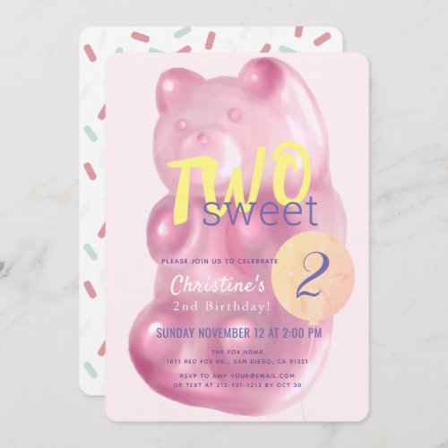 Cute Pink Gummy Bear Two Sweet Girl 2nd Birthday Invitation