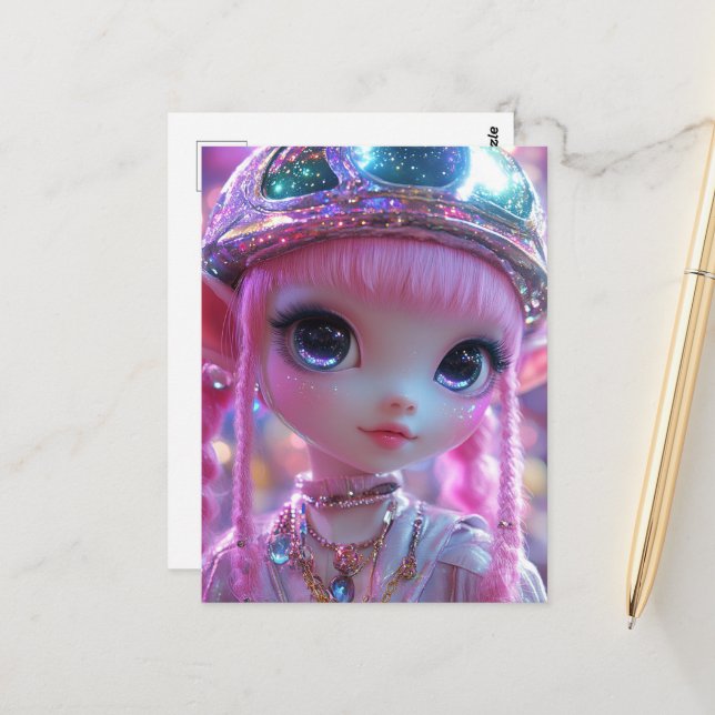 Cute Pink Hair Big Eyes Gal Postcard (Front/Back In Situ)