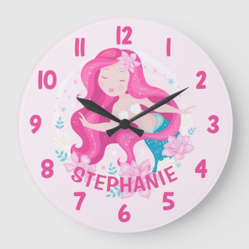 Cute Pink Hair Mermaid Girls Fantasy Bedroom Wall Large Clock