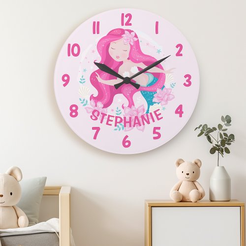 Cute Pink Hair Mermaid Girls Fantasy Bedroom Wall Large Clock