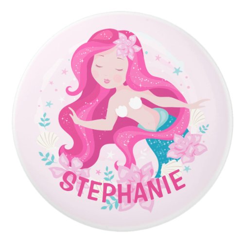 Cute Pink Hair Mermaid Girls Fantasy Personalized Ceramic Knob