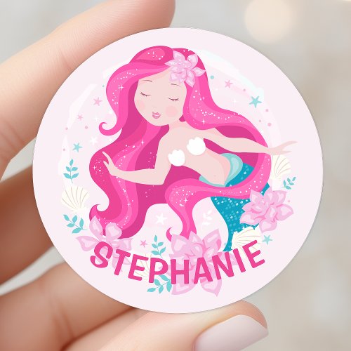 Cute Pink Hair Mermaid Girls Fantasy Personalized Classic Round Sticker