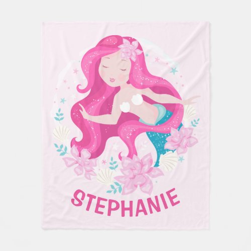 Cute Pink Hair Mermaid Girls Fantasy Personalized Fleece Blanket