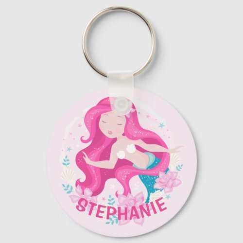 Cute Pink Hair Mermaid Girls Fantasy Personalized Keychain
