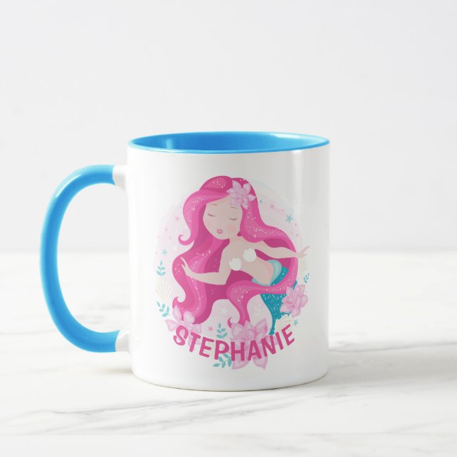 Cute Pink Hair Mermaid Girls Fantasy Personalized Mug (Left)