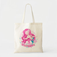 Cute Pink Hair Mermaid Girls Fantasy Personalized Tote Bag