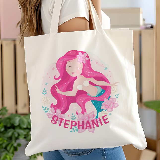 Cute Pink Hair Mermaid Girls Fantasy Personalized Tote Bag (Creator Uploaded)