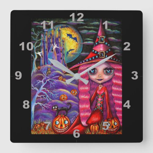 Cute Pink Hair Witch Doll Purple Castle Square Wall Clock