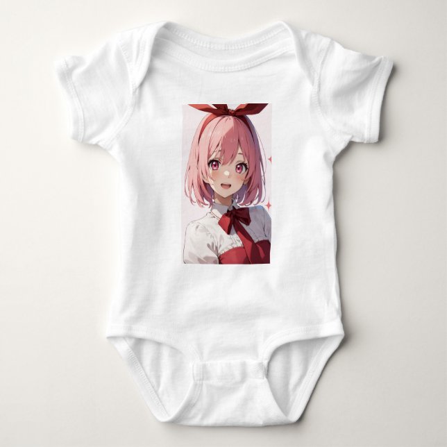 Cute Pink-Haired Anime Girl Illustration Baby Bodysuit (Front)