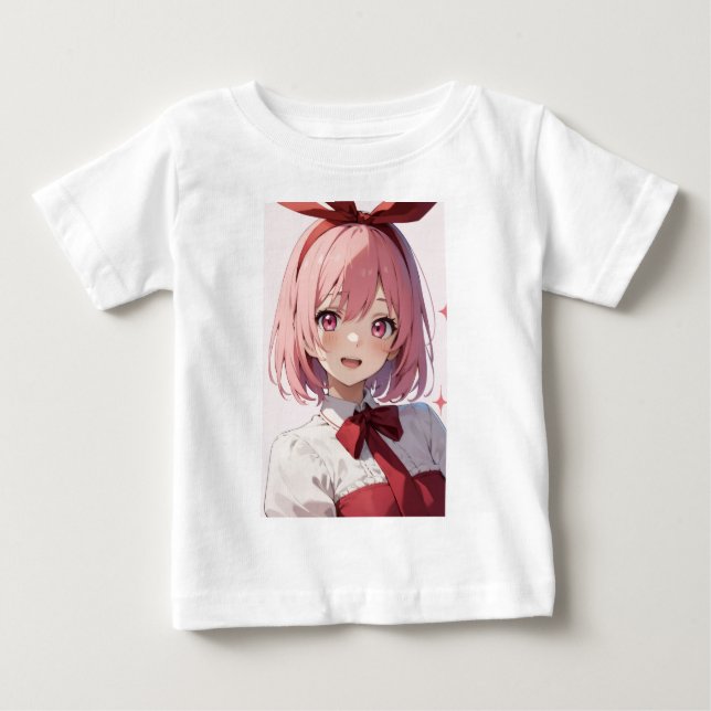 Cute Pink-Haired Anime Girl Illustration Baby T-Shirt (Front)