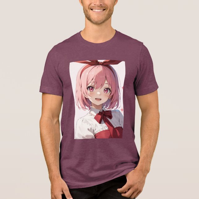 Cute Pink-Haired Anime Girl Illustration Tri-Blend Shirt (Front)