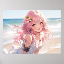 Cute pink haired anime girl on the beach