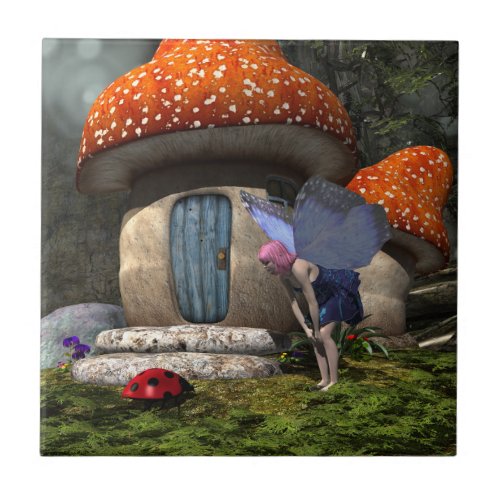 Cute Pink_Haired Fairy Meets Ladybug Ceramic Tile