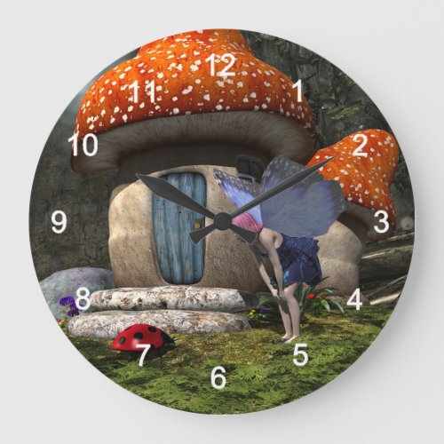 Cute Pink_Haired Fairy Meets Ladybug Large Clock