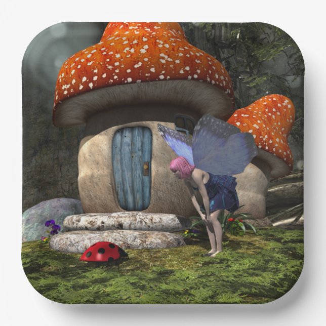 Cute Pink-Haired Fairy Meets Ladybug Paper Plates (Front)
