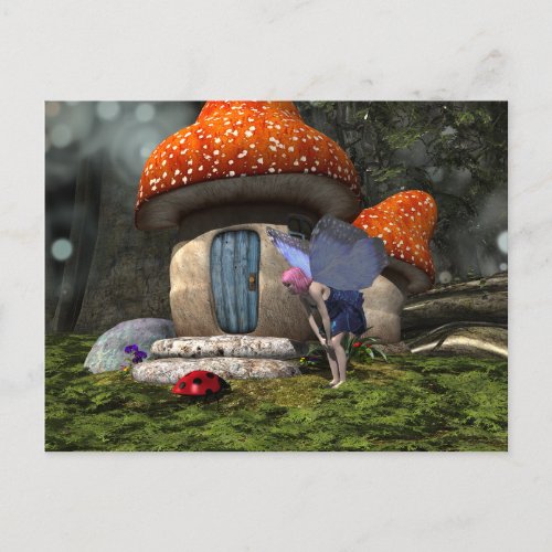 Cute Pink_Haired Fairy Meets Ladybug Postcard