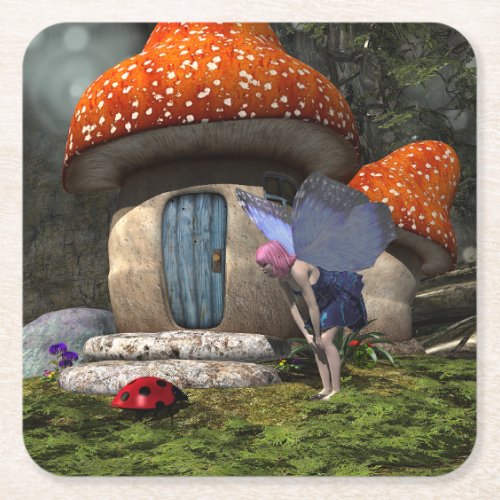 Cute Pink_Haired Fairy Meets Ladybug Square Paper Coaster