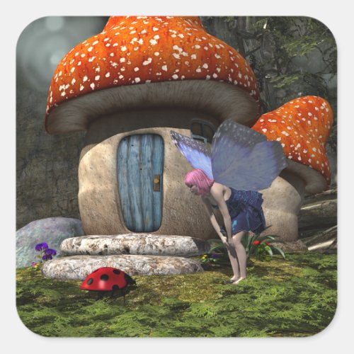 Cute Pink_Haired Fairy Meets Ladybug Square Sticker