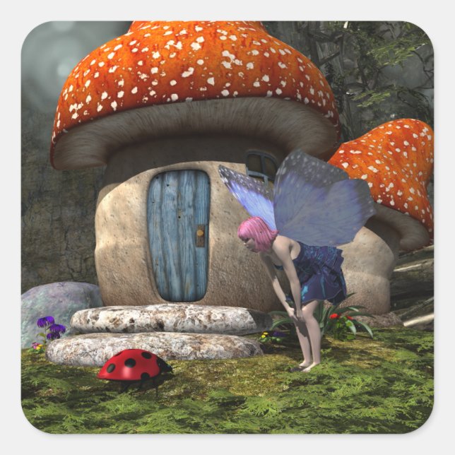 Cute Pink-Haired Fairy Meets Ladybug Square Sticker (Front)