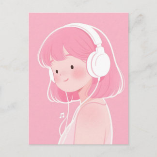 Cute Pink-Haired Girl Listening to Music Postcard