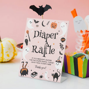 Cute Pink Halloween Baby Shower Diaper Raffle Pedestal Sign