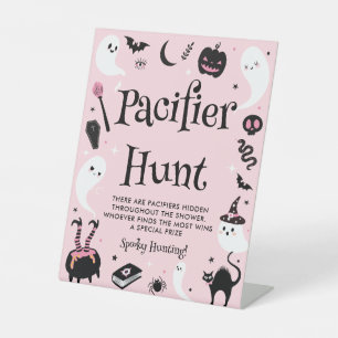 Cute Pink Halloween Baby Shower Pacifier Hunt Game Pedestal Sign