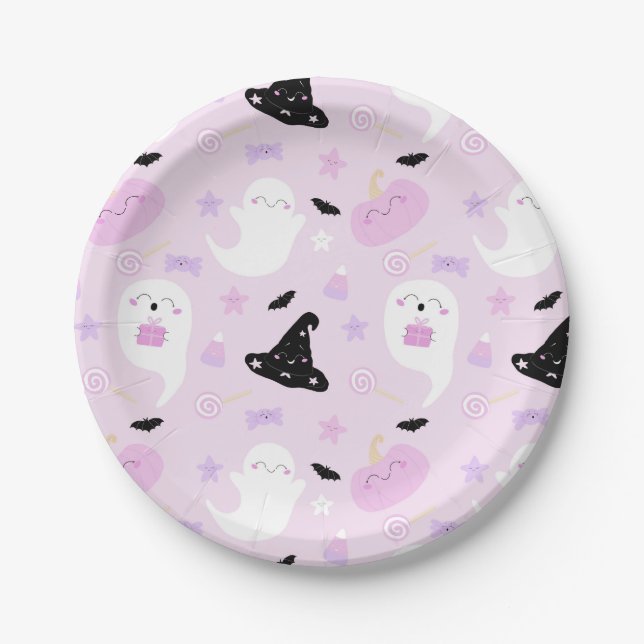 Cute Pink Halloween Birthday Paper Plates (Front)