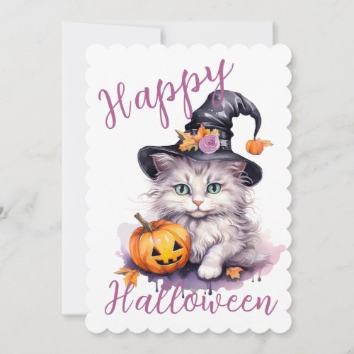 Cute Pink Halloween Birthday Party Kitten Pumpkin Invitation