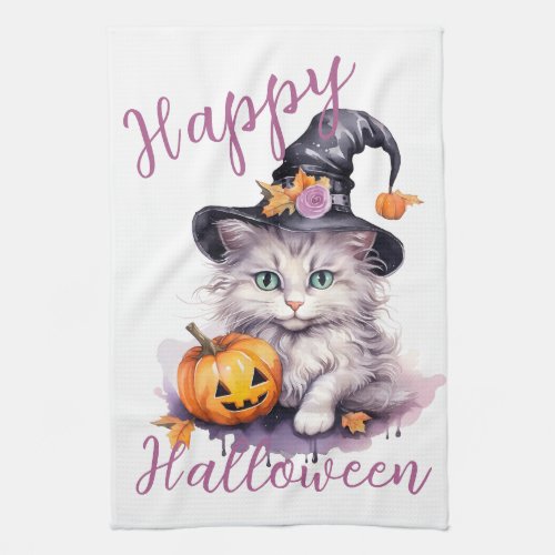 Cute Pink Halloween Birthday Party Kitten Pumpkin Kitchen Towel