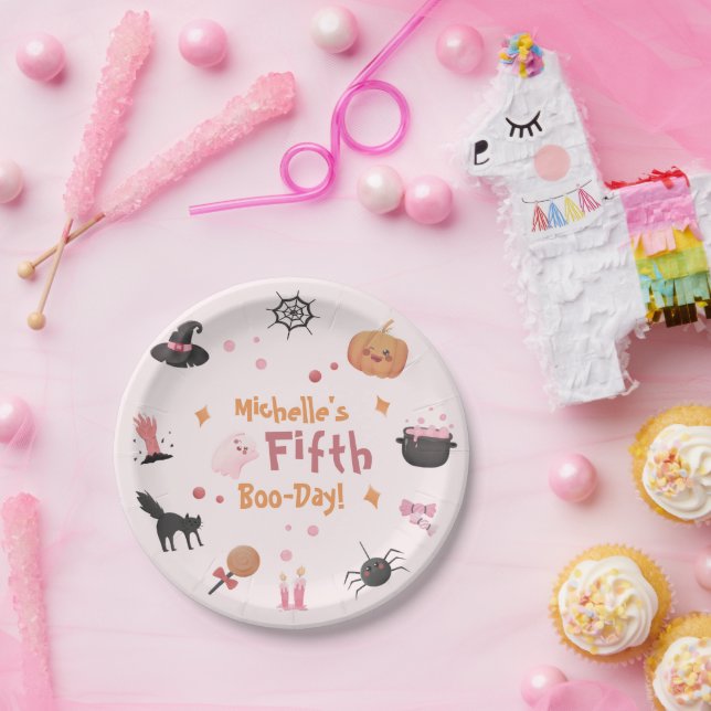 Cute Pink Halloween Birthday Party  Paper Plates (Party)