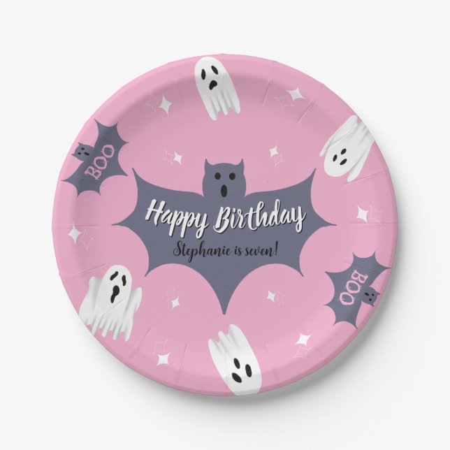 Cute Pink Halloween Birthday Party Paper Plates (Front)