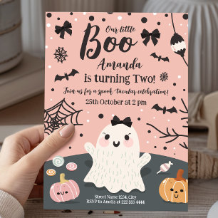 Cute Pink Halloween Birthday Party with White Ghos Invitation