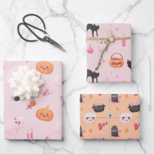 Cute Pink Halloween Birthday Party Wrapping Paper Sheets