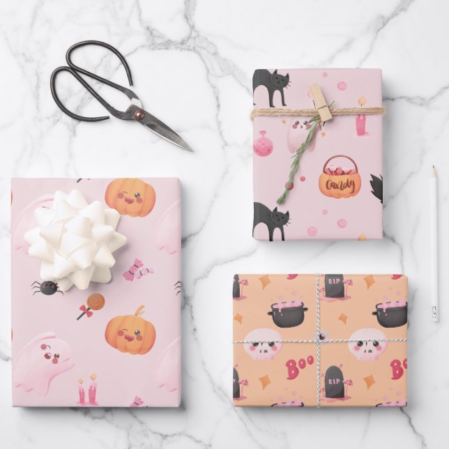 Cute Pink Halloween Birthday Party Wrapping Paper Sheets (Front)