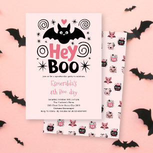 Cute Pink Halloween Boo Bat Birthday Invitation