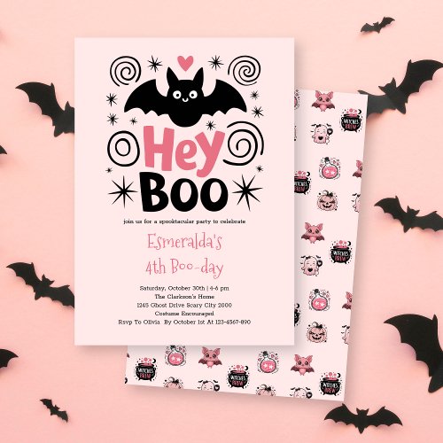 Cute Pink Halloween Boo Bat Birthday Invitation