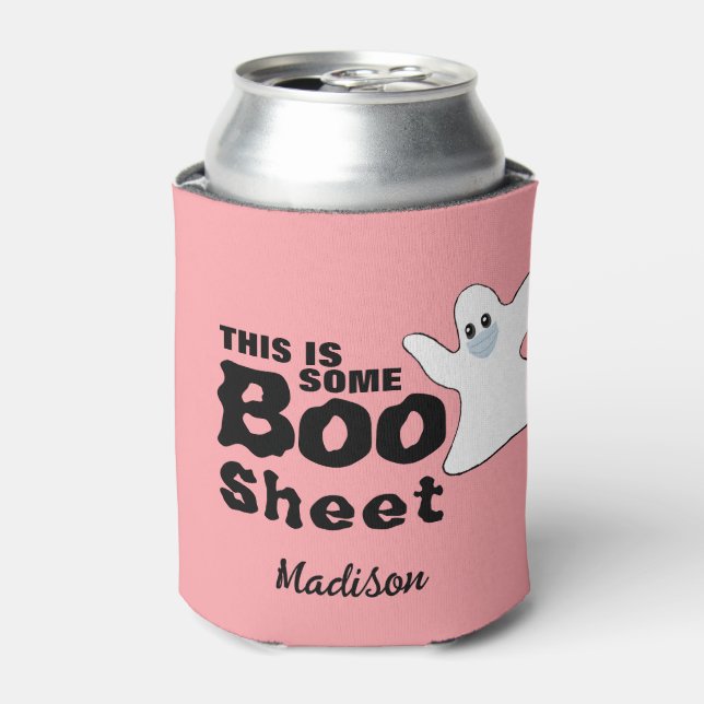 Cute Pink Halloween Boo Sheet Ghost Personalized Can Cooler (Can Front)