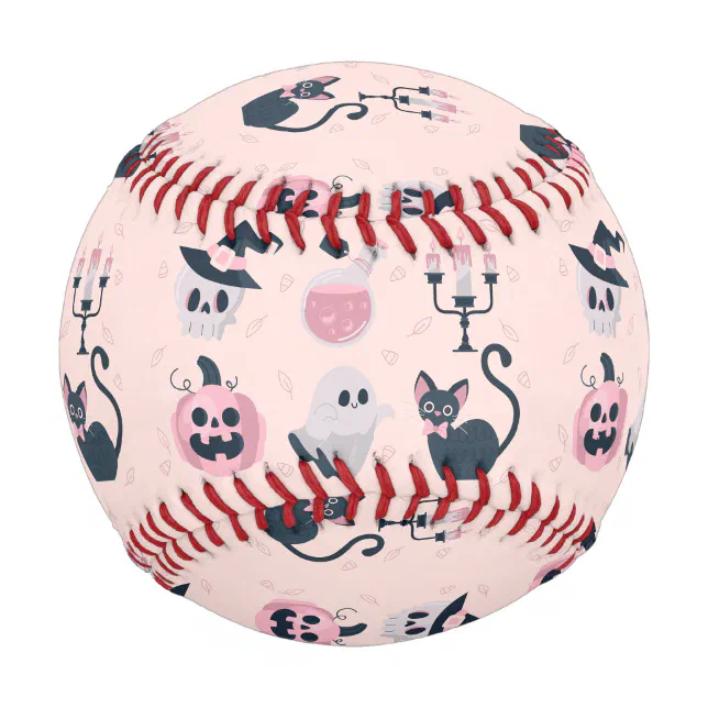 Cat Paddle Design Cute Pink Halloween Cat & Ghost Baseball | Zazzle