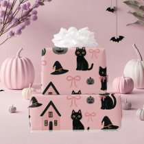 Cute Pink Halloween Cats & Witch Hats  Wrapping Paper