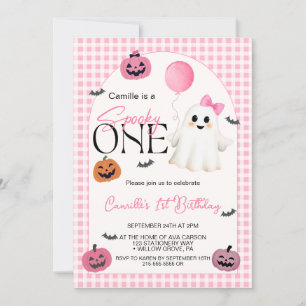 Cute Pink Halloween Ghost 1st Birthday Invitation