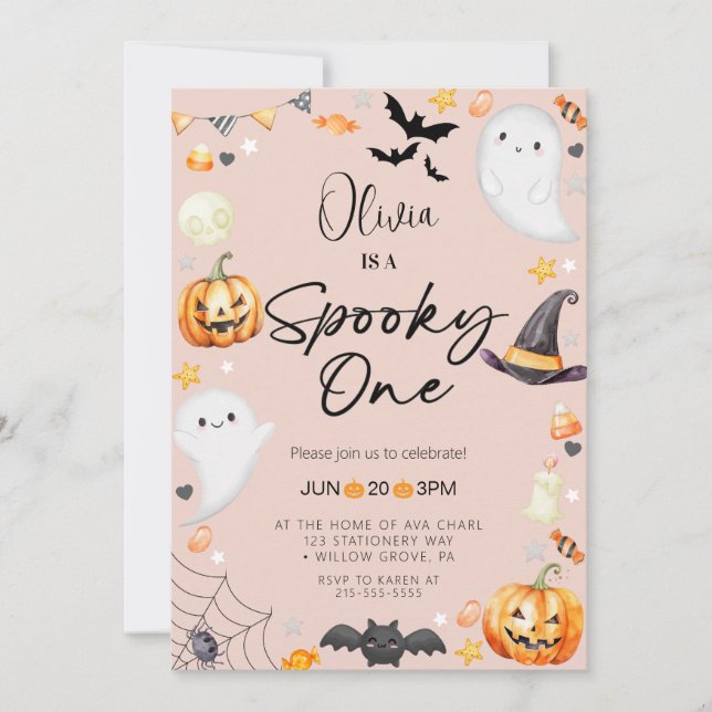 Cute Pink Halloween Ghost 1st Boy Birthday Invitation (Front)