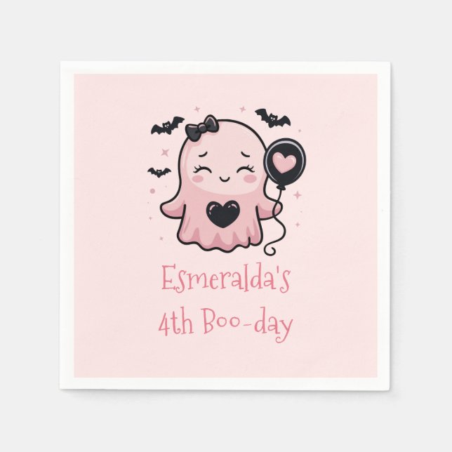 Cute Pink Halloween Ghost Birthday Party Napkins (Front)