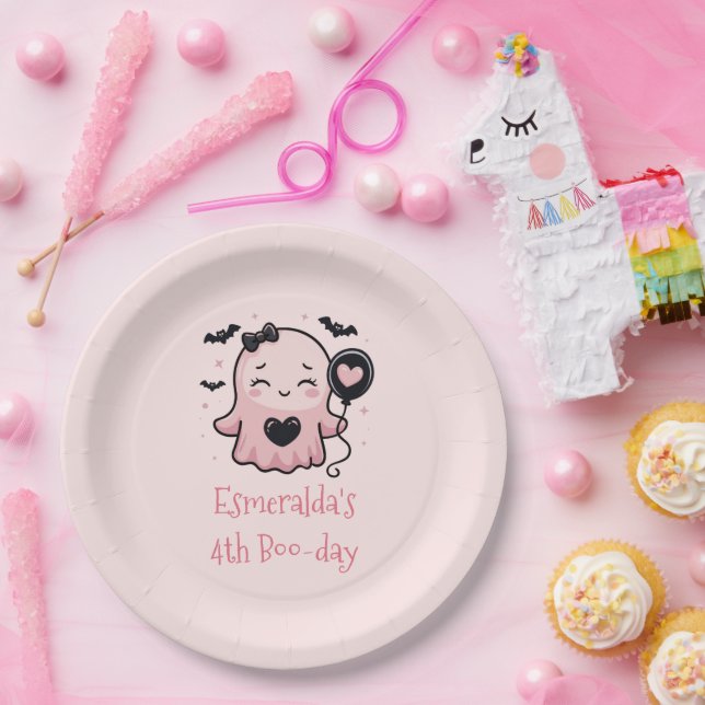Cute Pink Halloween Ghost Birthday Party Paper Plates (Party)