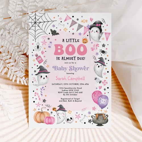 Cute Pink Halloween Ghost Girl Baby Shower Invitation