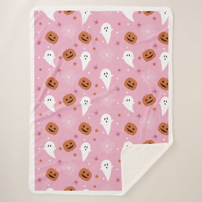 Cute Pink Halloween Ghost & Pumpkin Throw Blanket (Front)